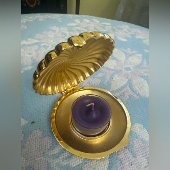 Partylite *Coastal~Chic* Candle Holder Clamshell Compact Goldtone Metal Tealight - Picture 4 of 6